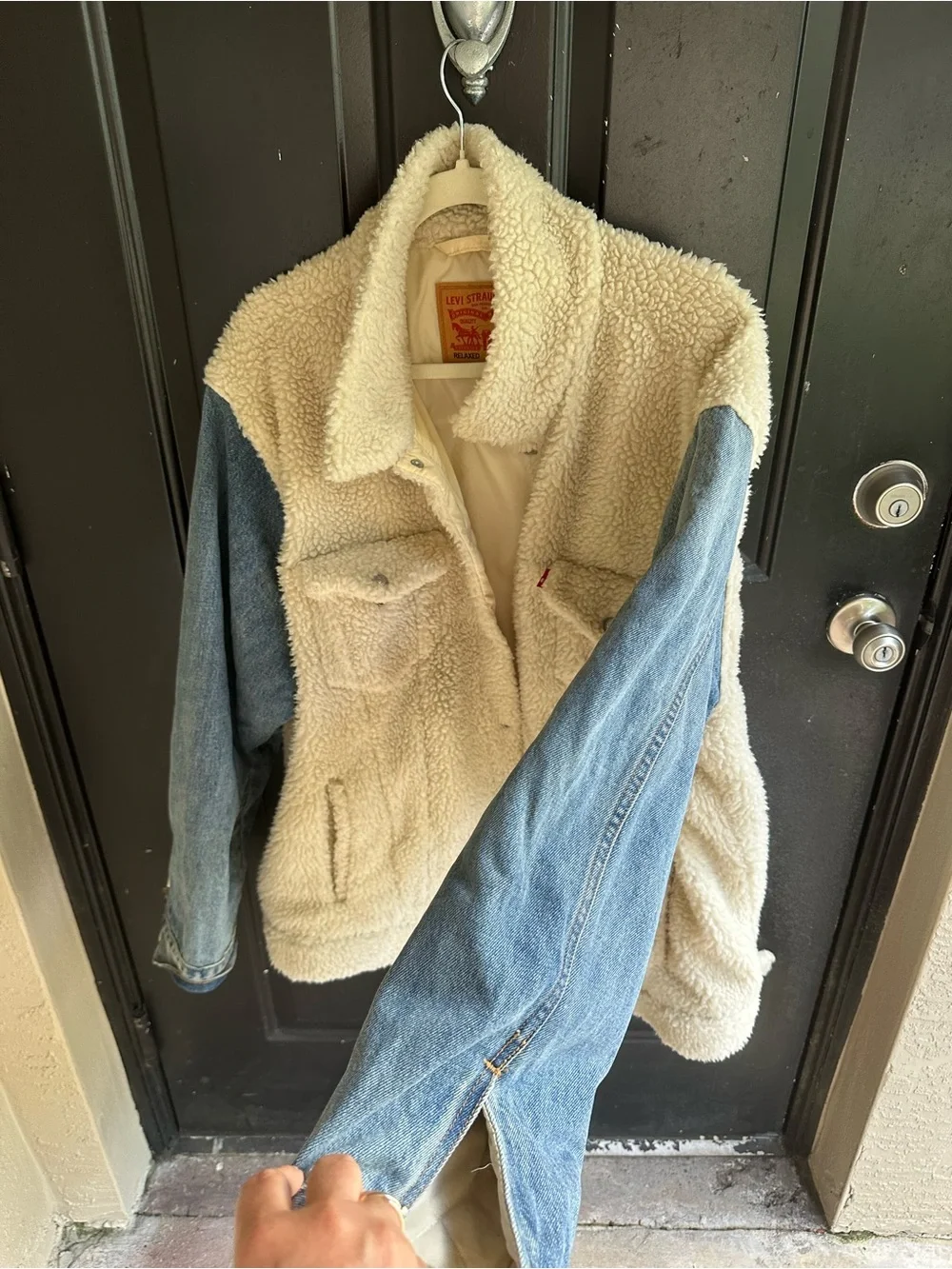 Levi's Cream Sherpa Body Jacket with Blue Denim Sleeves